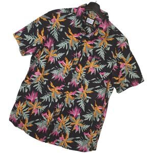 Vintage Hurley Men's Hawaiian Button-Up Shirt Sz XL Black Tropical Bloom Floral